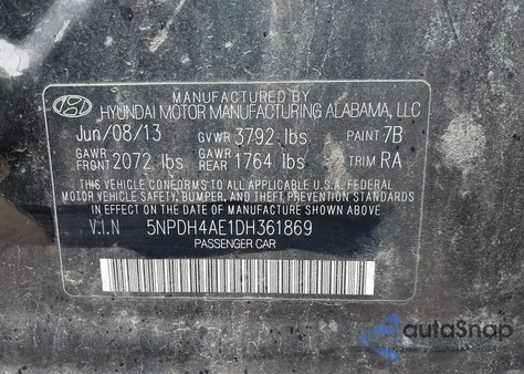 2013 Hyundai Elantra Gls z USA, uszkodzony, nr VIN 5NPDH4AE1DH361869